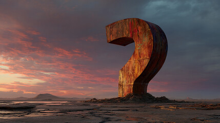 Large rusty question mark stands in a desolate landscape at sunset, symbolizing uncertainty, inquiry, or existential questions
