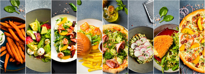 The range of dishes on the menu. Collage, banner from photos.