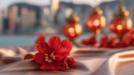 Close-up of a red bauhinia brooch on silk, golden light on petals, festive city backdrop - celebrating Hong Kong's establishment day with elegance.