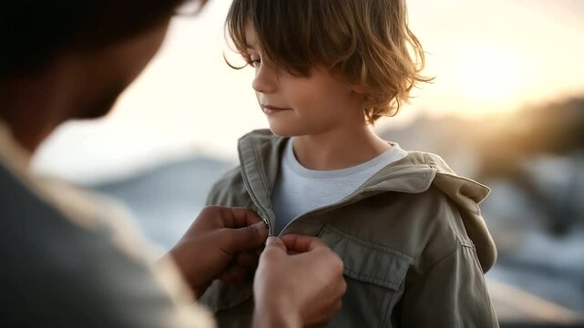 2_A parent buttoning a child's jacket on a breezy morning