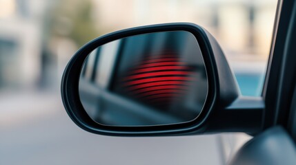 Car side mirror with a red warning light indicating a vehicle or obstacle detected in the blind spot.