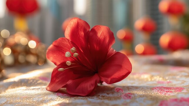 Close-up of a red bauhinia brooch on silk, golden light on petals, festive city backdrop - celebrating Hong Kong's establishment day with elegance.