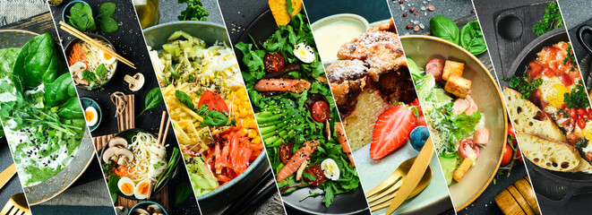 Collage. Assortment of dishes from different countries of the world. Food and snacks.