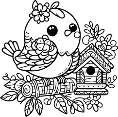 black and white line art vector cartoon bird isolated for coloring page