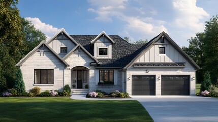 Exterior rendering of a modern farmhouse style home.
