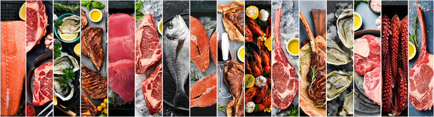 Food collage. Set of meat, fish, steaks and seafood. Horizontal banner.