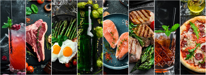 Photo collage: food, dishes and drinks, photo banner.