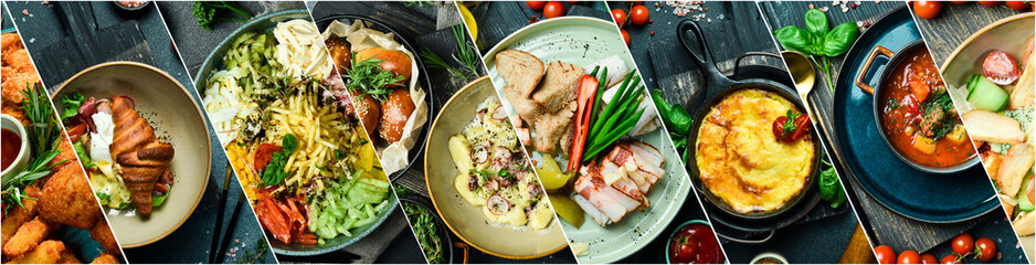 Collage. Assortment of dishes from different countries of the world. Food and snacks.