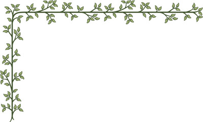 L-shaped border with a branch of green leaves. Illustration made with leaves on a white background creating a L-shaped border.
