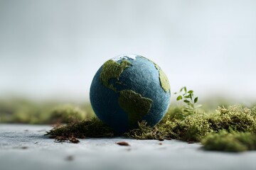 A miniature Earth nestled in vibrant green moss symbolizes environmental conservation and global sustainability.