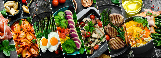 Food and dishes in plates. Healthy food. on a dark stone background. Photo collage, banner from photos.