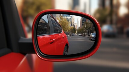 A red car is reflected in its side mirror, showing a city street with buildings and trees in the background.