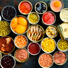 A large set of pickled and canned foods on the background. Metal cans with canned vegetables, beans, fish, seafood and fruit. Top view.