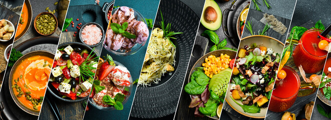 Food collage. Set of food, drinks and snacks.