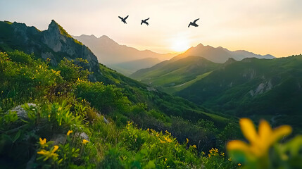Obraz premium Sunrise Over Mountain Valley With Birds And Flowers