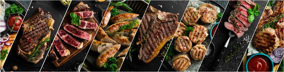 Photo collage. Veal steaks, meat, shish kebab, kebab, grilled sausages and sauces. BBQ Beef veal shish kebab Skewers. Barbecue concept.