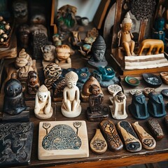 Collection of Asian Wooden Statues and Carvings Displayed on a Wooden Table
