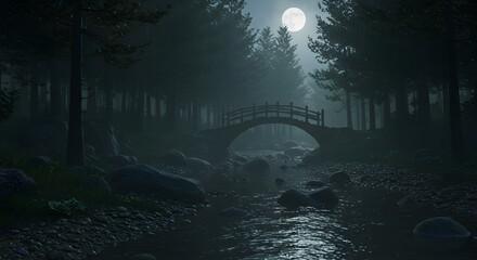 Obraz premium Pixelated Forest Bridge Night Scene Illustration With Trees Water And Moon