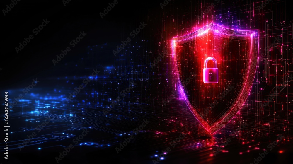 Poster glowing digital shield with padlock symbolizing cybersecurity and data protection