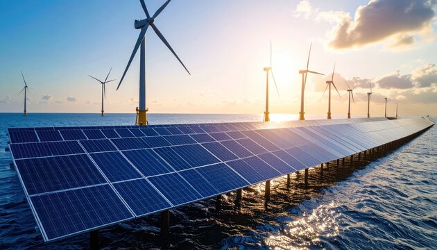 Solar Panel and Wind Turbine in Ocean