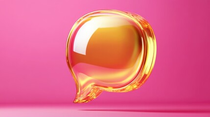 Golden speech bubble glittering on pink background. Glossy message icon for chat, text and social media marketing promotions, greetings and holiday advertising.
