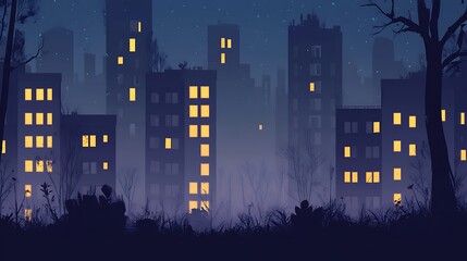 Pixel Art City Nightscape: Dark Blue and Purple City Skyline with Yellow Window Lights