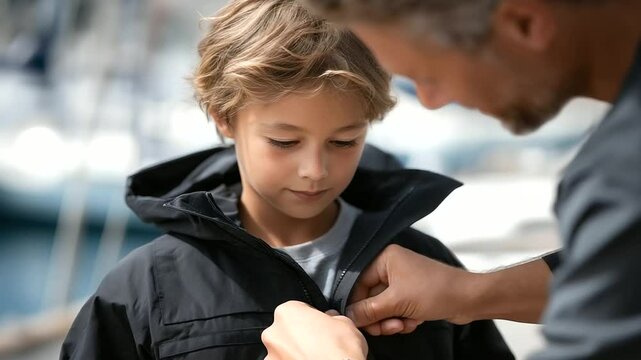 A parent buttoning a child's jacket on a breezy morning