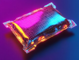 Cyberpunk-inspired snack packaging mockup with glowing wireframe elements and sleek metallic details hyper-realistic textures neon retro-futurism premium brand appeal