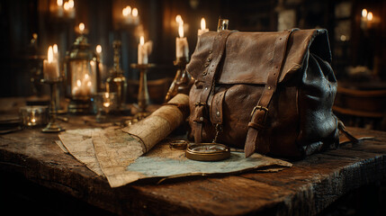 Antique leather satchel, map, compass on wooden table, candlelight background, evokes adventure, exploration, travel, history
