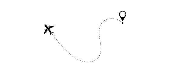 Route icon - two points with dotted path and location pin. Route location icon two pin sign and dotted line. Airplane routes set. Aircraft planes tracking.