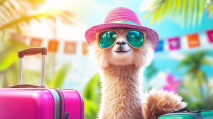 Cute llama wearing a pink hat and sunglasses standing with suitcases, ready for summer vacation on a tropical beach or resort