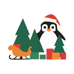 Christmas Penguin Sleigh Gifts Trees