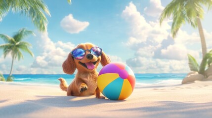 Cheerful dog wearing sunglasses relaxes on a sunny beach next to a colorful beach ball. Summer holiday concept for pet loving families.