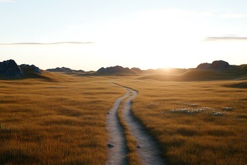 Fototapeta premium Serene Sunset Landscape A Winding Dirt Road Through Golden Grassland towards Distant Hills