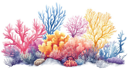 Naklejka premium Title: Colorful Coral Reef Illustration Featuring Tropical Marine Life in white background