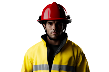 Brave firefighter in uniform, cutout transparent