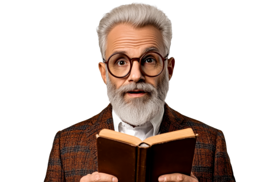 Shocked senior reading book, wearing eyeglasses, cut out transparent