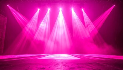 Bright pink stage lights illuminate an empty performance area, creating a vibrant and energetic atmosphere for upcoming events