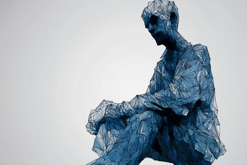 Abstract polygonal figure, blue hues, seated pose, against light gray background Free space for text or logo Mockup design for website banner or wallpaper