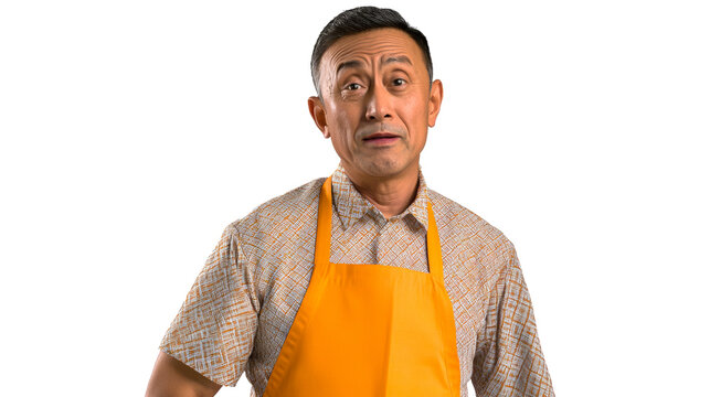 Asian man with questioning face expression, orange apron, cut out transparent