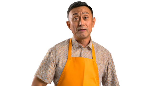 Asian man with questioning face expression, orange apron, cut out transparent
