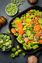 Mixed frozen vegetables in a pan, ready to cook. Close-up. Organic frozen vegetables.