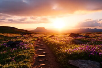 Scenic Sunset Path Through Vibrant Wildflower Meadow Leading to Distant Mountain