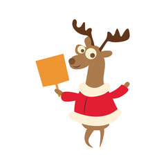 Cartoon Reindeer Holding Blank Sign
