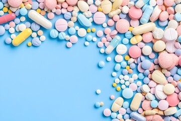 Assorted pastel pills and capsules form a border on a light blue background, leaving empty space in the center