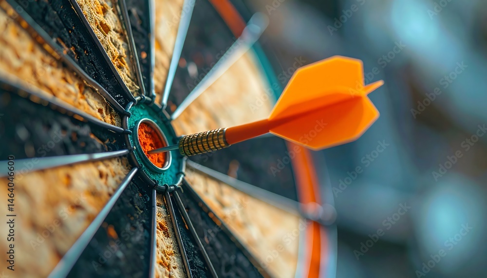 Poster a dart hitting the bullseye on a dartboard, showcasing precision and focus in a competitive game set