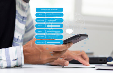 man using smartphone and provide customer the payment detail international transfer with message 