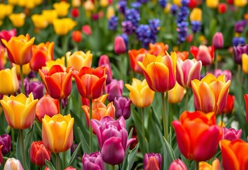 Obraz premium Vibrant tulips in a spring garden, showcasing diverse colors and textures, vibrant, floral