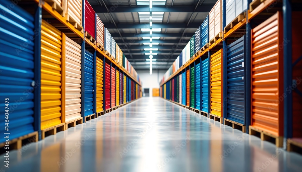 Poster A colorful storage facility with neatly arranged containers, creating a vibrant and organized atmosphere