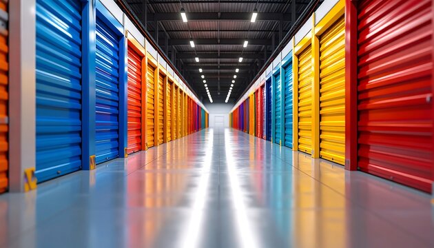 Vibrant storage facility with colorful doors, showcasing a clean, organized space that maximizes storage efficiency and accessibility